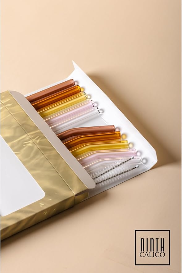 10 Pcs Reusable Glass Drinking Straws, Colorful and Durable Glass Straws for Beverages, Smoothies, Iced Coffee, Juice, Set of 10-5 Straight, 5 Bent, 2 Cleaning Brushes (Desert Set)