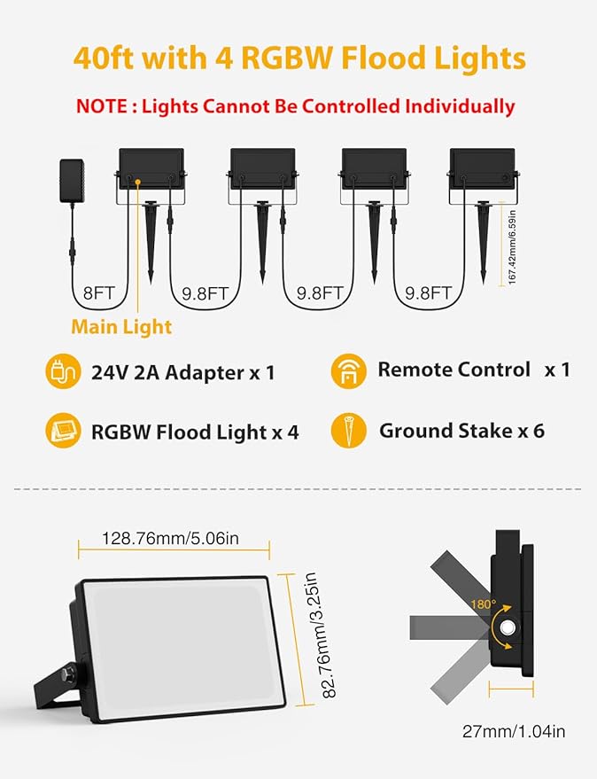 Onforu RGBW Flood Lights Outdoor Remote Control, Color Changing LED Landscape Lights, IP65 Waterproof Uplights for Events, Uplighting for Halloween Christmas Garden Yard Party, Wired 4 Pack 40W