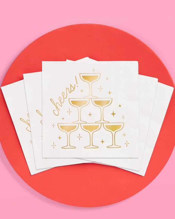 xo, Fetti Gold Foil Cheers Napkins | 3-ply, 50 pcs | Bachelorette Party Champagne Coupe Decorations, Birthday Party Decor, NYE Cocktail Supplies, Celebratory Tableware