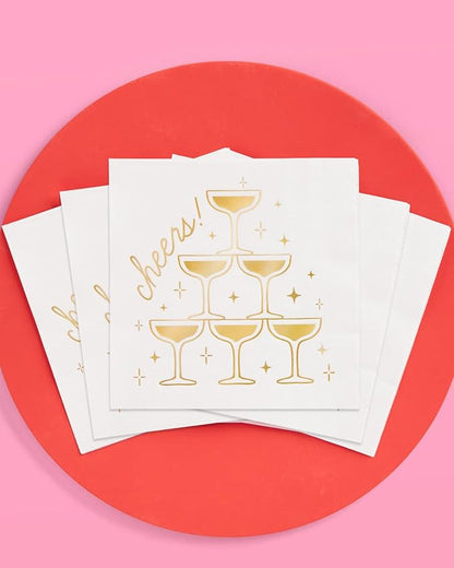 xo, Fetti Gold Foil Cheers Napkins | 3-ply, 50 pcs | Bachelorette Party Champagne Coupe Decorations, Birthday Party Decor, NYE Cocktail Supplies, Celebratory Tableware