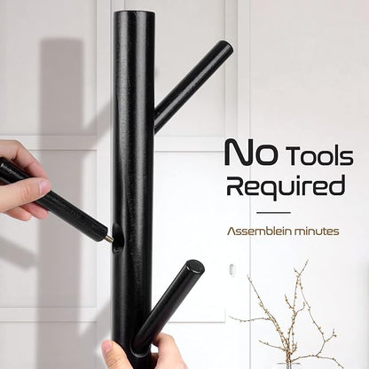 2PCS Solid Wooden Coat Rack Freestanding, New Zealand Pine Coat Tree with 8 Hooks & 3 Adjustable Sizes for Coats, Hats, Handbags and Scarves, Space Saving for Entryway/Office/Bedroom (Black)