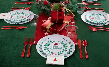 Liacere 175PCS Christmas Plastic Plates - White & Green; Includes 50 Wreath Plates, 25 Red Cutlery, 25 Cups, 25 Tree Napkins