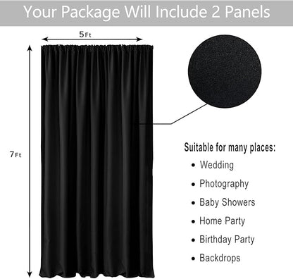 Hiasan Black Backdrop Curtains for Parties, Polyester Photography Backdrop Drapes for Family Gatherings, Wedding Decorations, 5ftx7ft, Set of 2 Panels
