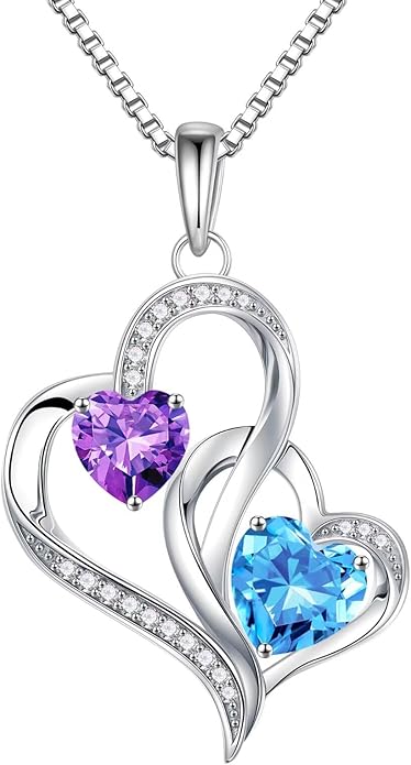 Iefil Christmas Gifts for Women - Double Heart Birthstone Necklace, 925 Sterling Silver Heart Pendant Necklace, Anniversary Birthday Gifts for Women | Personalized Jewelry Gift for Wife Mom Girlfriend