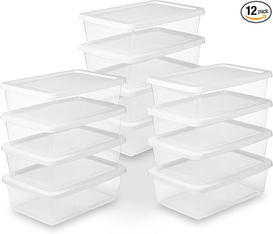 Sterilite 12 Pack Storage Box, 12 Quart Stackable Tote, Clear Plastic Container with Secure Snapping Lids for Home and Office Organization, White