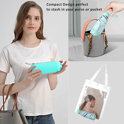 BAODINI Travel Essentials Mini Umbrella for Purse With Case Small Compact UV Sun Protection Lightweight Tiny Pocket Manual Open Close Umbrella for Women Kids and Men Fits Purse Backpack