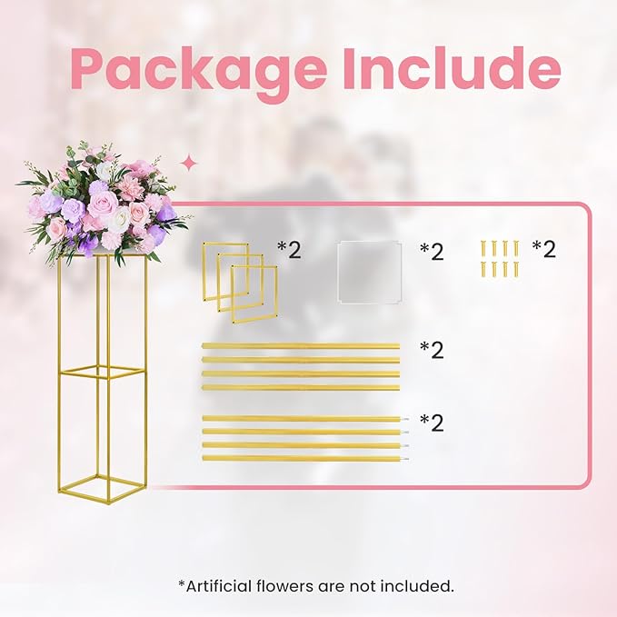 YALLOVE 2 Pcs 31.5 Inch Metal Flower Stand, Gold Centerpieces Vases Stand With Clear Acrylic Sheets, Geometric Display Rack for Wedding Party Decorations