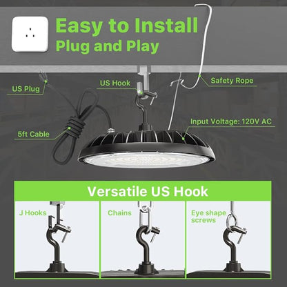 Glitgate LED High Bay Light 150W, 21000lm 5000K UFO Lights(600W MH/HPS Equiv.),Commercial Bay Lighting with 5ft Cable US Plug for Garage Shop Barn Warehouse, 6 Pack