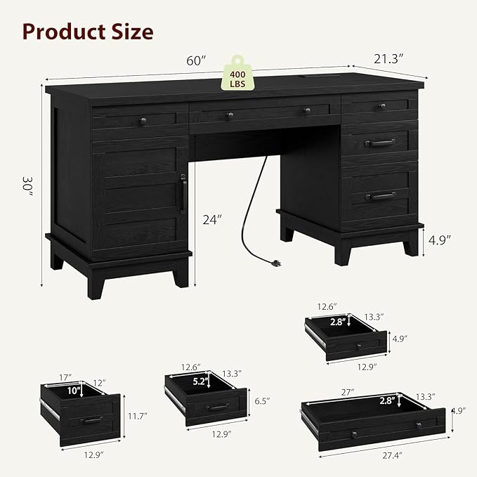 60 Inch Farmhouse Executive Desk with File Drawers for Home Office, Large Computer Desk with Storage Cabinet & Charging Station, Wooden Writing Table with Power Outlets & USB Ports for Work Study
