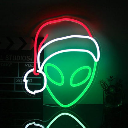 Christmas Neon Light Alien Neon Sign Green Red LED Sign Christmas Hat Neon Signs for Wall Decor Santa Hat Neon Lights for Bedroom Alien Decor Neon Wall Light for Xmas Party Decor
