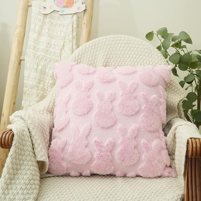 GEEORY Easter Bunny Soft Plush Pillow Covers, 18 x 18 Inch Set of 2, Fluffy Faux Fur Wool Decorative Farmhouse Cushion Case for Sofa Home Decoration Pink GC015-18