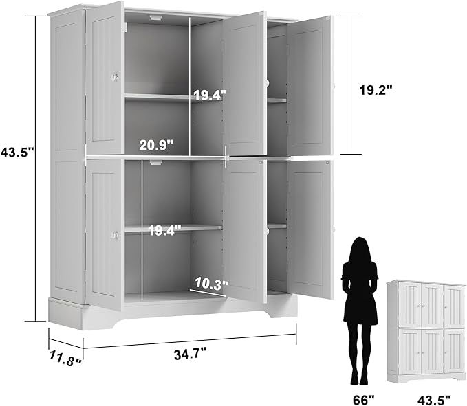 ChooChoo Bathroom Floor Cabinet, Modern Bathroom Storage Cabinet with 6 Doors and Adjustable Shelves, Freestanding Cupboard for Living Room, White