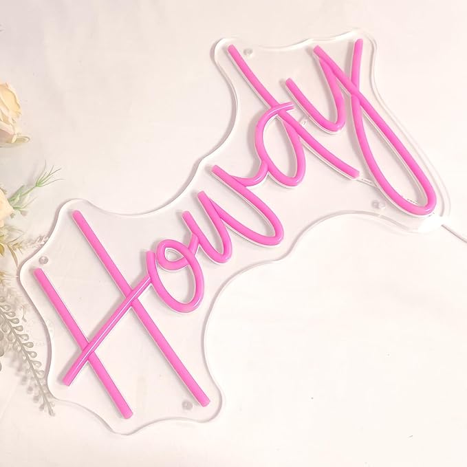 SYLHOME Howdy Led Neon Light Sign Pink Preppy Bedroom Wall Sign Decor Party Birthday Christmas Bar Pub Light Up Signs Girls USB 5V 15.75"X9.65" Dimmer