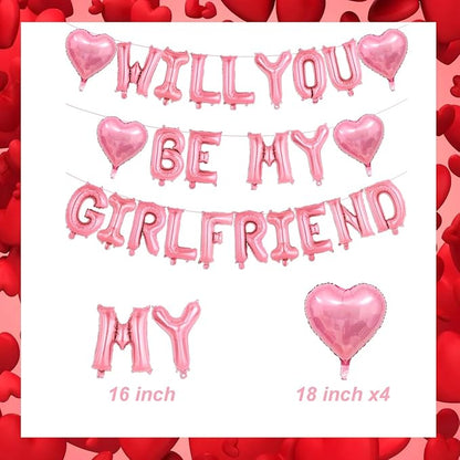 Will You Be My Girlfriend Balloons-16 Inch Pink Foil Letters Balloon 18 inch Heart Balloon Valentines Day Balloons for Wedding Engagements Proposals party Decorations