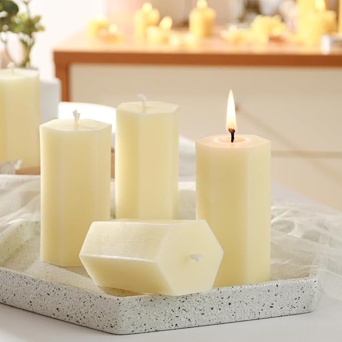 6PCS Hexagon Beeswax Pillar Candles,Large Handmade Pure Beeswax Candle,Unscented Smokeless，2 * 4",18H, White