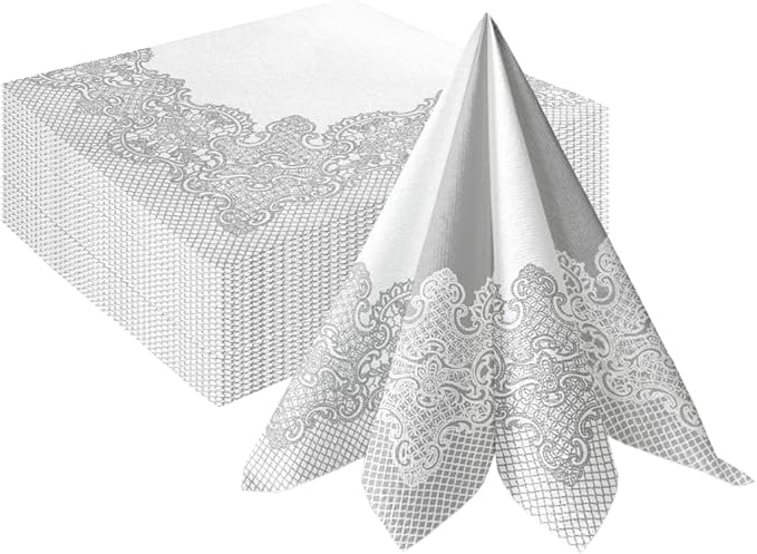 PAW - 50 Pieces Linen-Feel Paper Napkins 16" x 16", Disposable Cloth-Like Napkins with Reverse Silver Lace Design, Dinner Napkins for Party, Wedding, Christmas