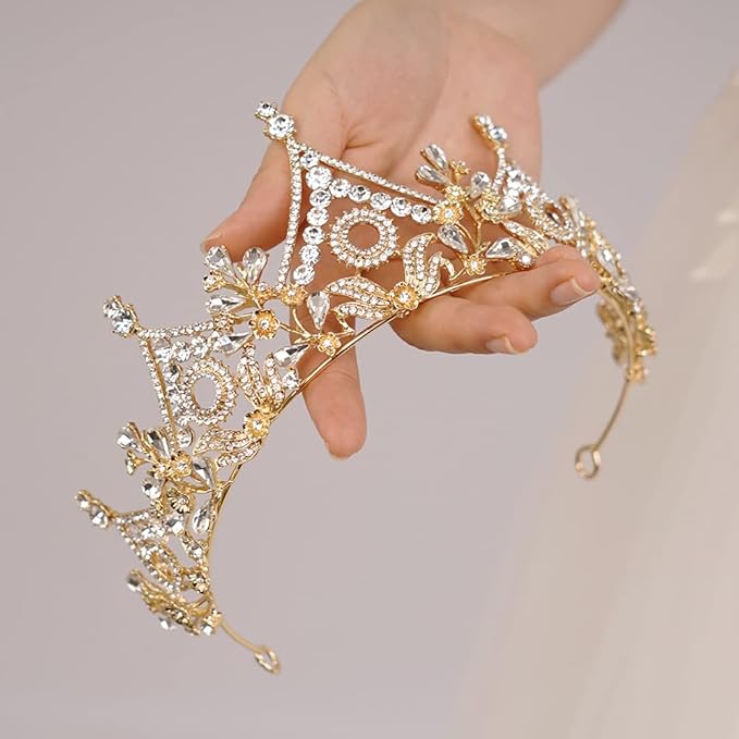 Wekicici Baroque Queen Crown Gold Crystal Tiara Rhinestone Princess Wedding Headband for Women Birthday Pageant Party(Gold)