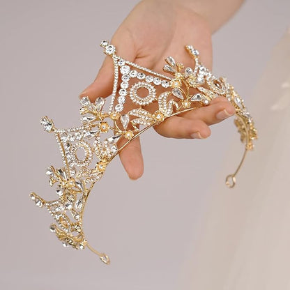 Wekicici Baroque Queen Crown Gold Crystal Tiara Rhinestone Princess Wedding Headband for Women Birthday Pageant Party(Gold)