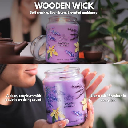Vanilla & Lavender Candle 22oz Glass Jar with Wooden Wick in a Decorated Jar Within a Presentation Gift Box and Protective Shipping Box