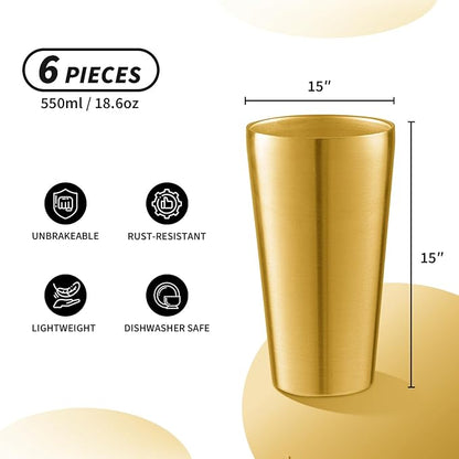 6 Pack 18.6 oz Stainless Steel Insulated Cup, Double Wall Vacuum Metal Cup, Reusable Camping Cups Unbreakable Indoor Outdoor for Party, Home, Office, BBQ, Gold