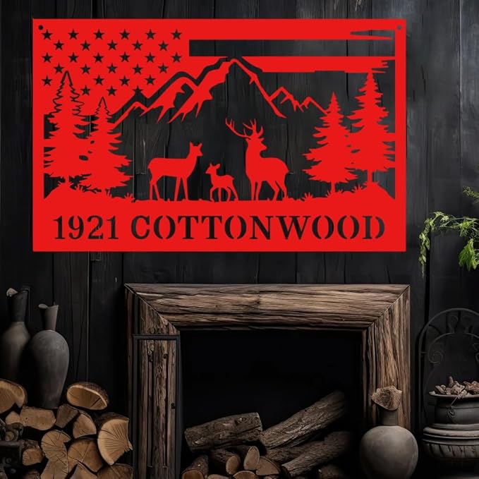 Personalized Deer Metal Address Sign with American Flag and Mountain Scene, Custom Family Name Plaque for Hunting Cabin, Lodge, House, Outdoor Rustic Decor, Housewarming Gift for Hunters & Men