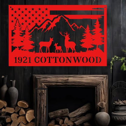 Personalized Deer Metal Address Sign with American Flag and Mountain Scene, Custom Family Name Plaque for Hunting Cabin, Lodge, House, Outdoor Rustic Decor, Housewarming Gift for Hunters & Men