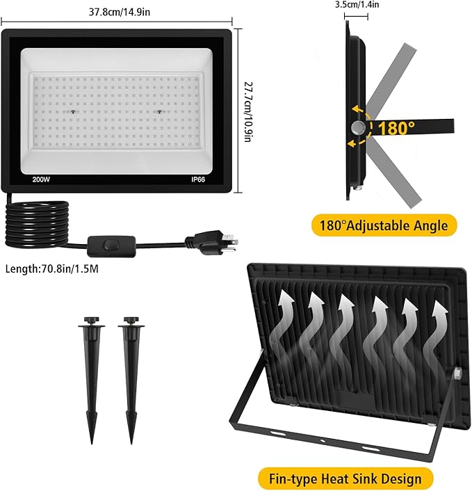 T-SUN 200W Black Lights Outdoor, 3 Brightness Modes Black Light Flood Light with Plug, Halloween Blacklight, IP66 Waterproof LED Flood Light for Glow Party Body Paint Fluorescent Poster Stage