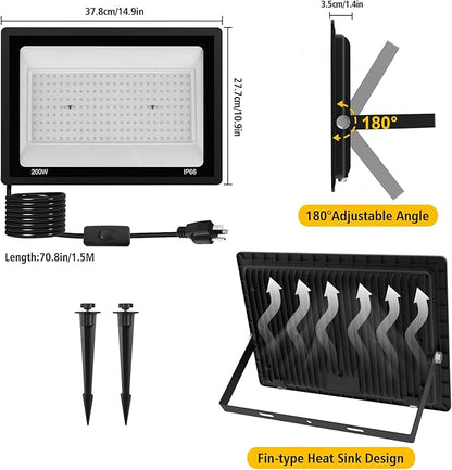 T-SUN 200W Black Lights Outdoor, 3 Brightness Modes Black Light Flood Light with Plug, Halloween Blacklight, IP66 Waterproof LED Flood Light for Glow Party Body Paint Fluorescent Poster Stage