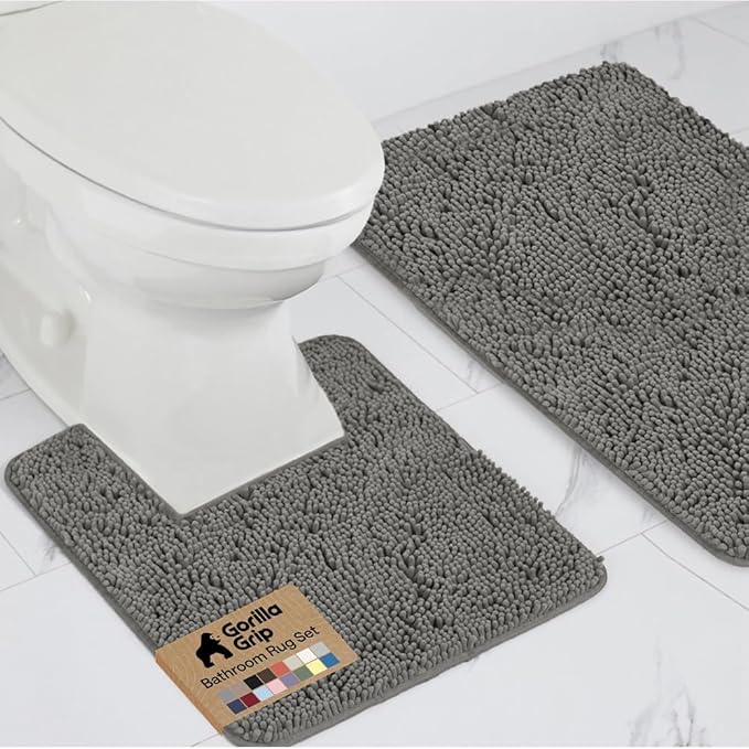 GORILLA GRIP Bathroom Rug Sets, Soft Chenille 2 Piece Area Rugs Set, Toilet Base Mat and 30x20 Carpet, Absorbent Microfiber Washable Mats Dry Quickly, Home Décor and Bath Room Accessories, Charcoal