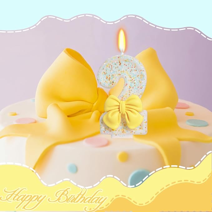 Birthday Candle for Cake, Yellow Bow Cake Candles, Cake Topper Decoration for Birthday Party (Number 2)