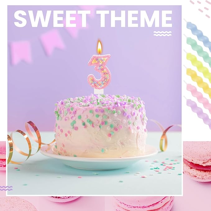 MTLEE Number 3 Birthday Candle with 12 Pcs Spiral Candles for Girls Macaron Pastel Rainbow Unicorn Pink Cake Topper for Sweet Theme Party Decoration