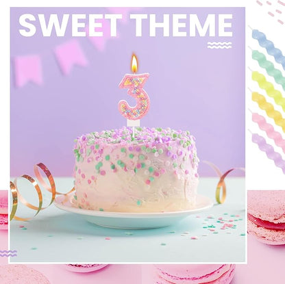 MTLEE Number 3 Birthday Candle with 12 Pcs Spiral Candles for Girls Macaron Pastel Rainbow Unicorn Pink Cake Topper for Sweet Theme Party Decoration