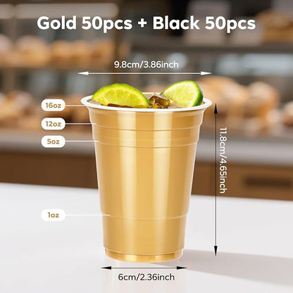 100PCS Black and Gold Plastic Cups, 16oz Disposable Party Cups Bulk Pack, BPA Free Drinkware for Soda Juice Beer Cold Drinks Suitable for Wedding Halloween Thanksgiving Christmas Birthday Celebrations
