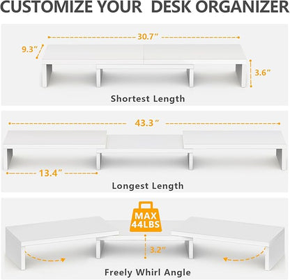 TAVR Furniture Dual Monitor Stand Riser, Computer Monitor Stands for 2 Monitors, Extra Long Multifunctional Desktop Organizer Riser for Computer, Laptop, PC, Printer, TV, Max 43.3" Length, White