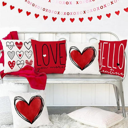 GEEORY Valentine's Day Pillow Covers 18x18 Set of 4 - Red Heart Love You More Decorative Throw Pillows for Valentine's Decor