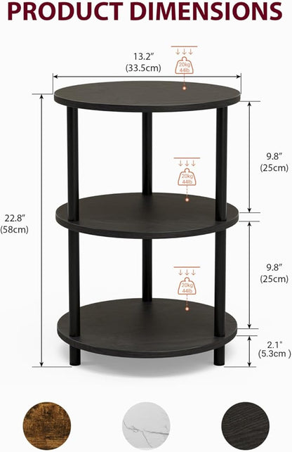 Small Round End Table - 3 Tier Design Accent Table, Narrow Side or Bedside Stand, Industrial Vintage Nightstand for Bedroom, Living Room, or Small Spaces, Set of 2, Charcoal Wenge