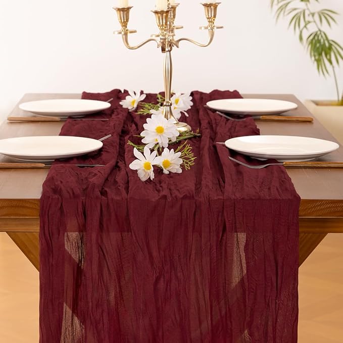 Socomi Burgundy Red Christmas Table Runner Cheesecloth Boho Rustic Gauze 120 inch 10FT Cheese Cloth Runner for Wedding Party Baby Shower Birthday Home Decor Holiday Decorations