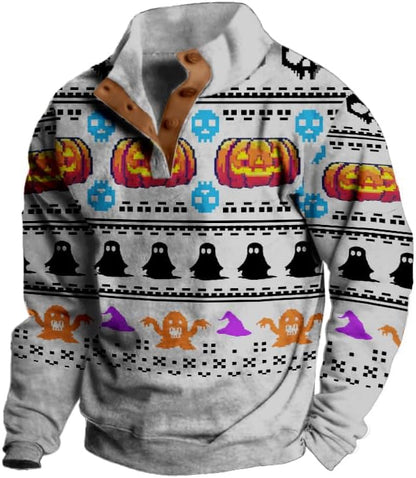 Mens Western Halloween Hoodie Button Up Henley Shirt Cowboys Sweatshirt Men Graphic Long Sleeve Pullover Tops