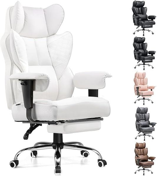 COMHOMA Desk Office Chair Big and Tall Office Chairs Ergonomic Gaming Chairs with Wide Seat Leather High Back Chair with Foot Rest Adjustable Armrests Pocket Spring Lumbar Support