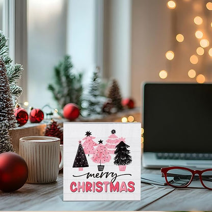 Pink Merry Christmas Decor for Home Pink Christmas Tree Decorations for Office Room Merry Xmas Decorations Table 5 x 5 Inches