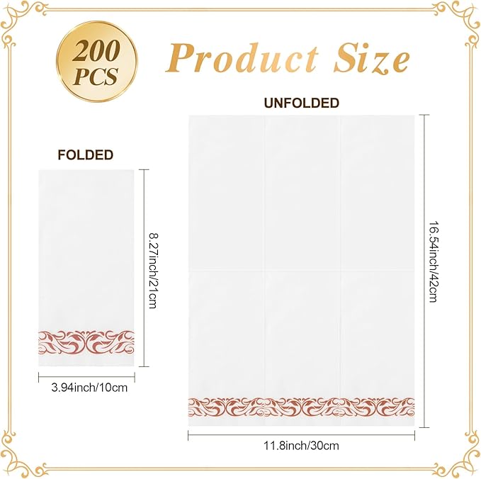 Goodluck 200-Pack Linen-Feel Disposable Guest Towels – Soft and Absorbent Paper Hand Towels for Bathroom or Kitchen – Elegant White Napkins with Rose Gold Design for Parties, Weddings, Dinners Events