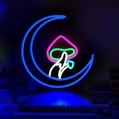 Mushroom Moon Neon Sign, JGHTURIE Cute Led Neon Signs for Wall Decor Blue Light Up Sign Preppy Game Room Living Room Kids Home Bar Signs Party Gift Decor USB Powered