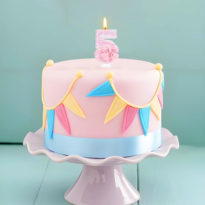 Number 5 Candle with Pink Sequins and Bowtie, Pink 5 Cake Topper Decoration for Girls Pastel Sweet Theme Birthday Party or Adults Milestone Age
