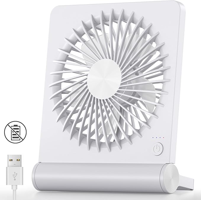 Koonie USB Fan, Strong Wind Quiet Small Desk Fan 220° Tilt Folding 3 Speeds Adjustable USB-C Powered Personal Fan for Home Office Desktop, White, NO BATTERY
