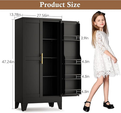 Metal Kitchen Pantry Cabinet, Storage Cabinets with 2 Door and 3 Adjustable Shelves, Black Freestanding Food Storage Cabinet, Steel Cupboard for Kitchen Dinning Room