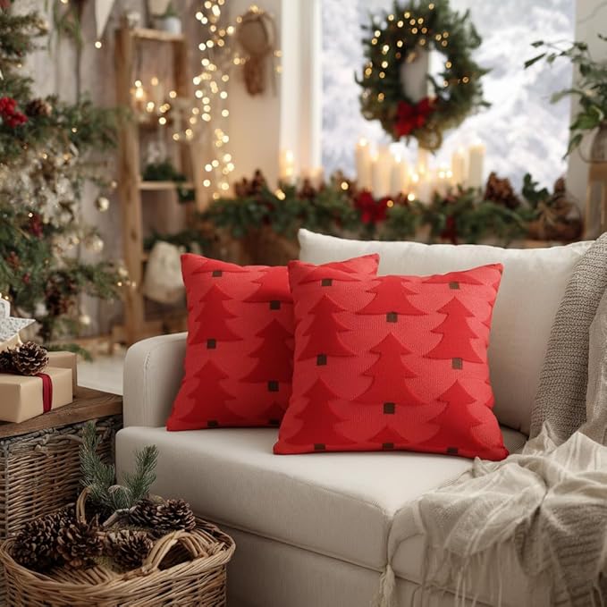 GEEORY Christmas Pillow Covers 16x16 Inch Set of 2, Christmas Decorations Xmas Tree Soft Plush Fluffy Faux Fur Decorative Throw Pillows Farmhouse Winter Cushion Case Red Brown GC035-16