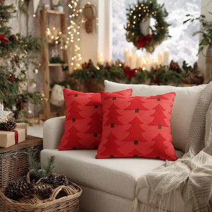 GEEORY Christmas Pillow Covers 16x16 Inch Set of 2, Christmas Decorations Xmas Tree Soft Plush Fluffy Faux Fur Decorative Throw Pillows Farmhouse Winter Cushion Case Red Brown GC035-16
