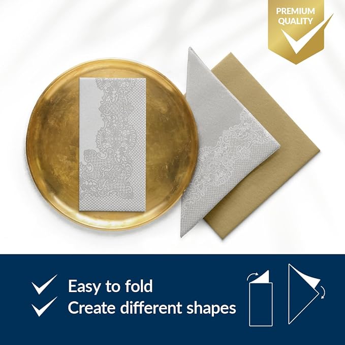 PAW - 50 Pieces Linen-Feel Paper Napkins 16" x 16", Disposable Cloth-Like Napkins with Reverse Silver Lace Design, Dinner Napkins for Party, Wedding, Christmas