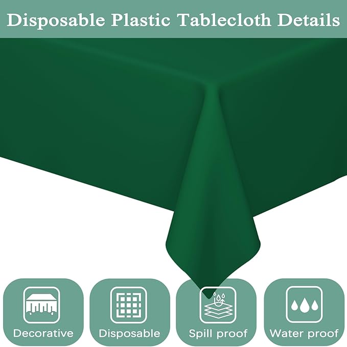 WNINK 4 Pack Dark Green Plastic Tablecloth Disposable Table Covers 54" x 108" Table Cloths for Bridal Shower Engagement Wedding Birthday Picnic Plastic Table Cloths for Parties