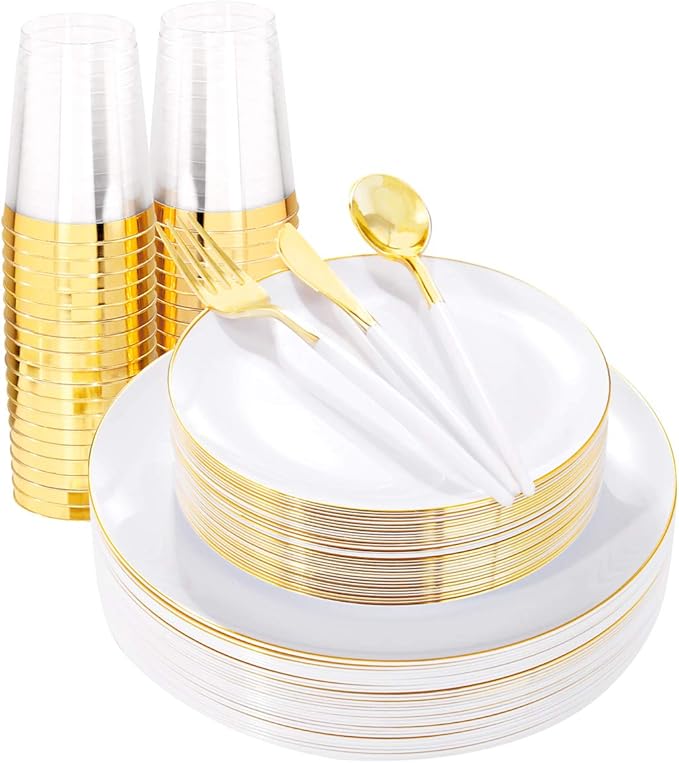 LIYH 180 Pcs White and Gold Plastic Plates Disposable - Dinnerware Set, Gold Plastic Silverware, Disposable Heavyduty Plates for Parties, Birthdays, Wedding 30Guests